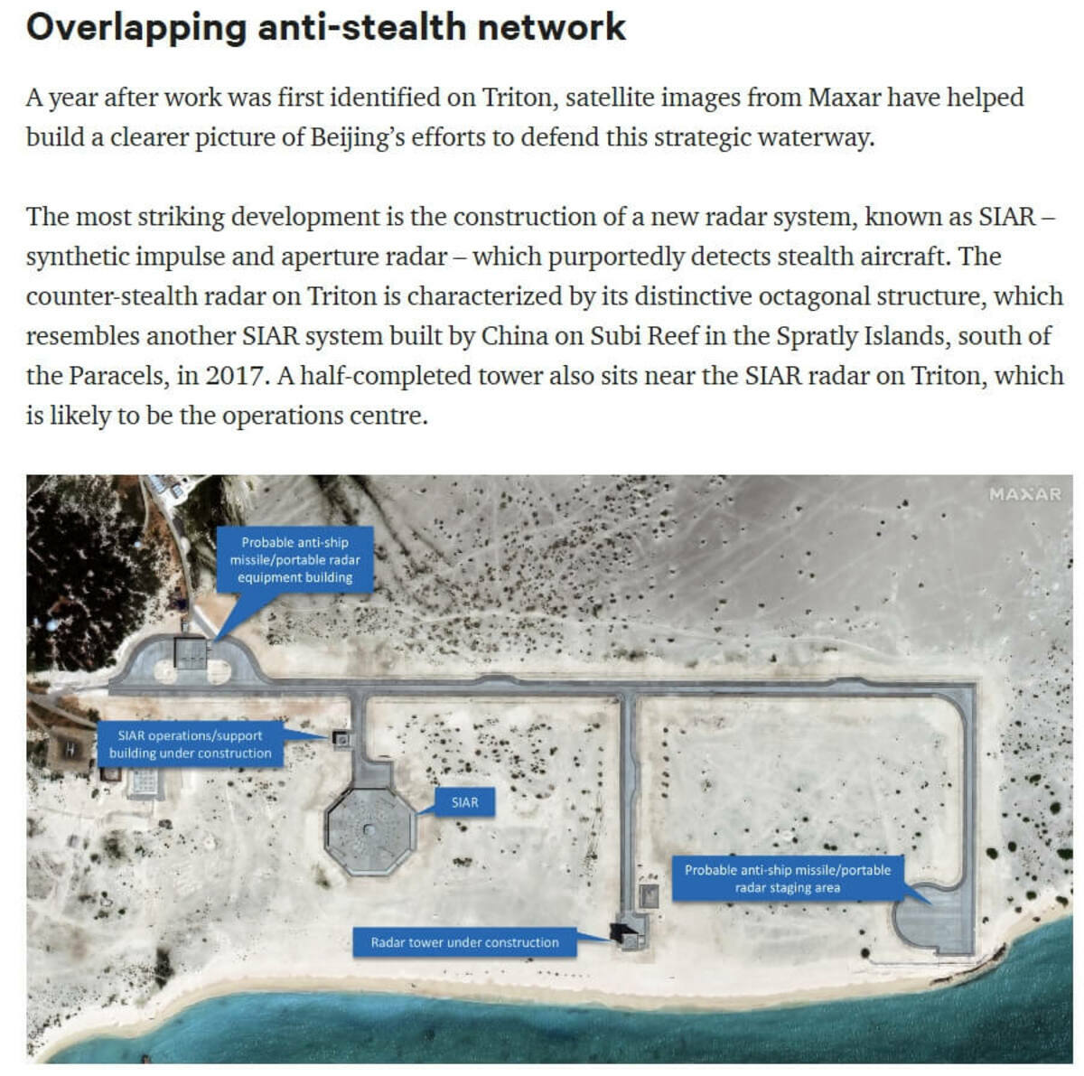 英國智庫指出，衛星圖片顯示中國正在中建島建設八角形結構的雷達。 圖:取自王家國際事務研究所網頁chathamhouse.org