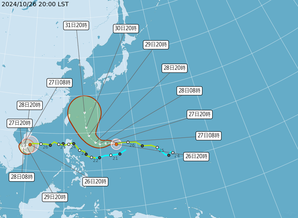 颱風康芮預估將逐漸北轉。 圖：取自氣象署網頁cwa.gov.tw