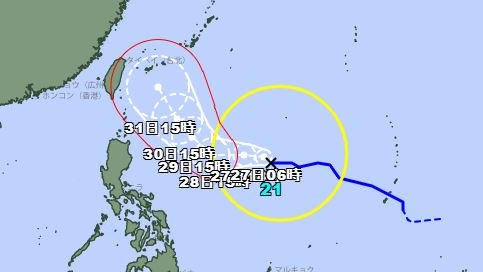 康芮颱風30日最接近台灣，31日恐有半個台灣進入暴風警戒範圍。 圖：翻攝日本氣象廳