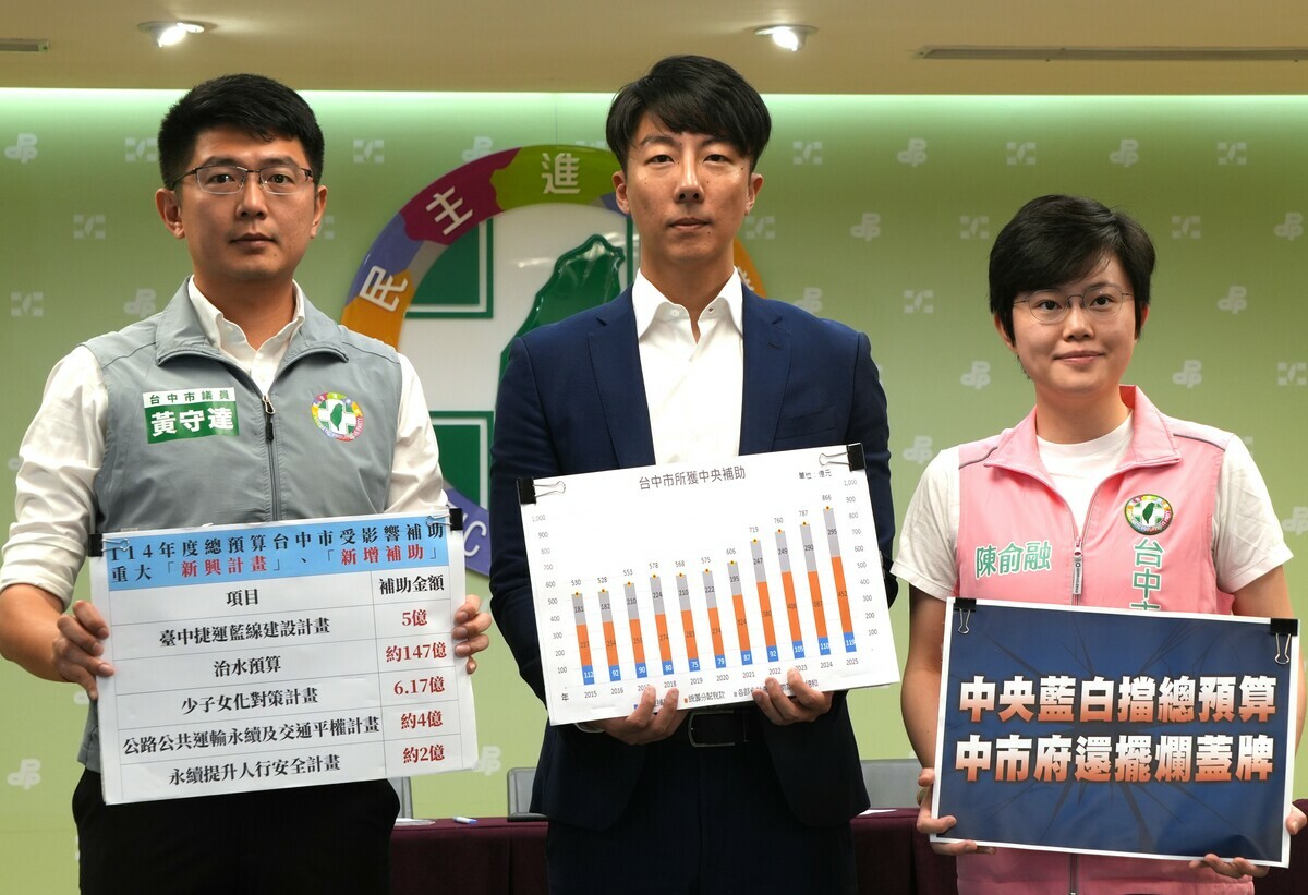 民進黨今（29）日由發言人吳崢、台中市議員黃守達及陳俞融共同召開「只顧政爭不顧民生，藍白惡卡總預算—台中篇」記者會。 圖：民進黨提供