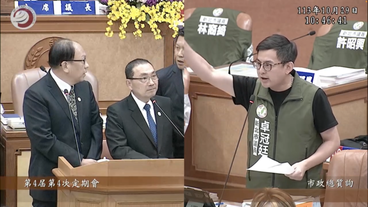 卓冠廷質詢環狀線修復經費問題，痛批台北市政府不僅吃新北夠夠，更涉嫌圖利中工。 圖：翻攝新北市議會直播