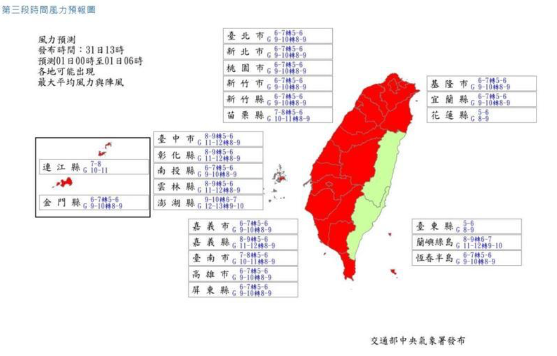 風力部分，明天上午6時前除了花蓮縣和台東縣其他縣市都達標。此外，台東縣的蘭嶼鄉和綠島鄉風力也達標。 圖：翻攝自氣象署官網