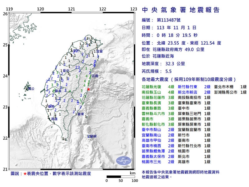 花蓮縣近海凌晨0時18分發生芮氏規模5.5地震。 圖：氣象署提供