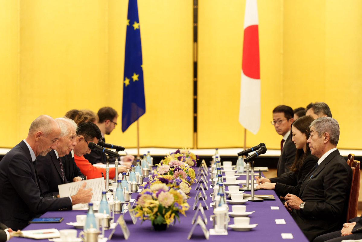 日本外相岩屋毅在東京進行首次歐日外長級戰略對話，並簽署「安全保障及防衛夥伴關係」協議。 圖：翻攝自X / @JosepBorrellF