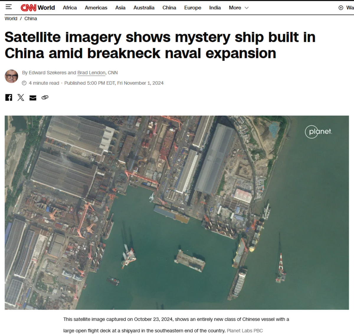 CNN報導，根據最新衛星影像顯示，中國似乎正在打造一艘新型的航空母艦。 圖:取自CNN網頁edition.cnn.com