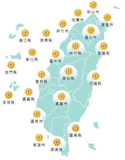 氣象署發布各地紫外線指數預報概況。 圖：氣象署提供