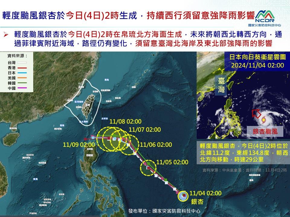 氣象局預報，颱風「銀杏」將影響台灣，帶來東北風、降溫及北部和東北部地區的降雨。 圖：國家災害防救科技中心／提供