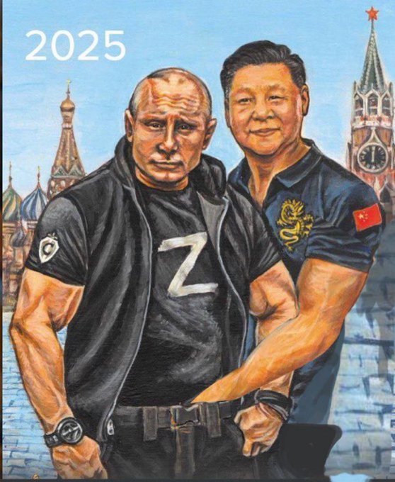 有國外網友惡搞改圖，將畫像中習近平放在口袋的手改成伸進了普丁的褲子裡。 圖：翻攝X（前推特）