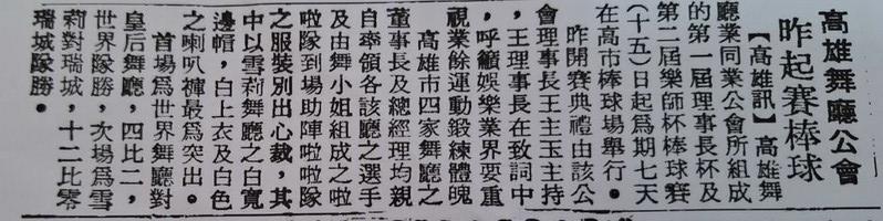 1970年10月16日《經濟日報》第8版報導高雄雪莉餐廳老闆許漢水，發明用舞廳紅牌組織女團啦啦隊，為棒球比賽熱舞應援的剪報。（作者提供） 圖：管仁健提供