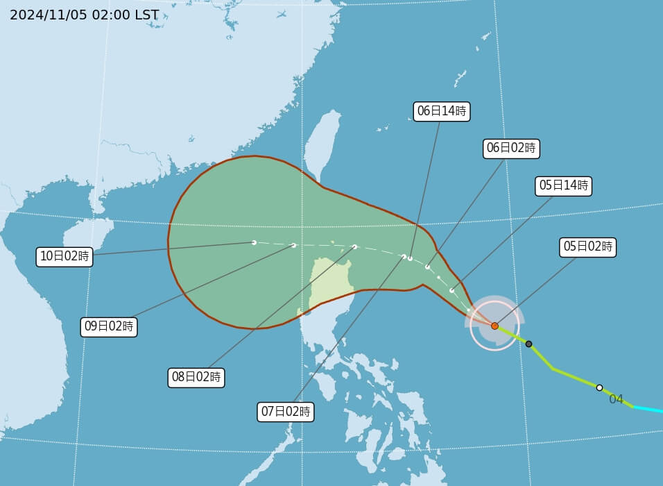 氣象署表示，銀杏5日凌晨2點中心位置在鵝鑾鼻東南方約1140公里海面上，以每小時26公里速度，向西北進行。 圖：氣象署提供