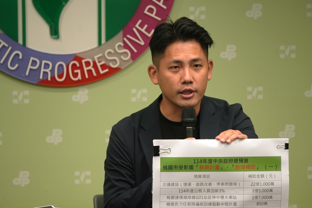桃園市議員彭俊豪出席「只顧政爭不顧民生，藍白惡卡總預算——桃園篇」記者會。 圖：民進黨提供