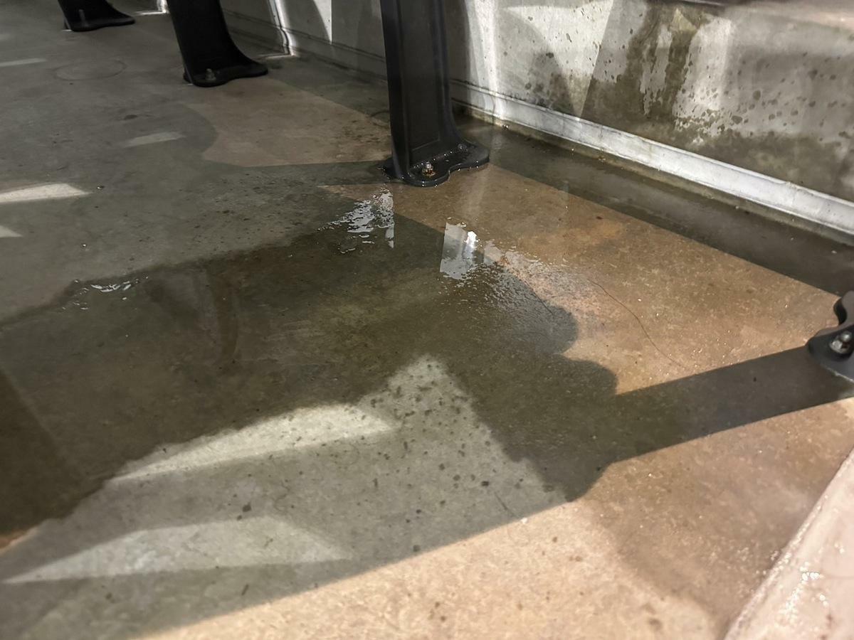 民進黨台北市議員陳怡君今考察大巨蛋，發現仍有多處漏水的情況。 圖：陳怡君議員辦公室 / 提供