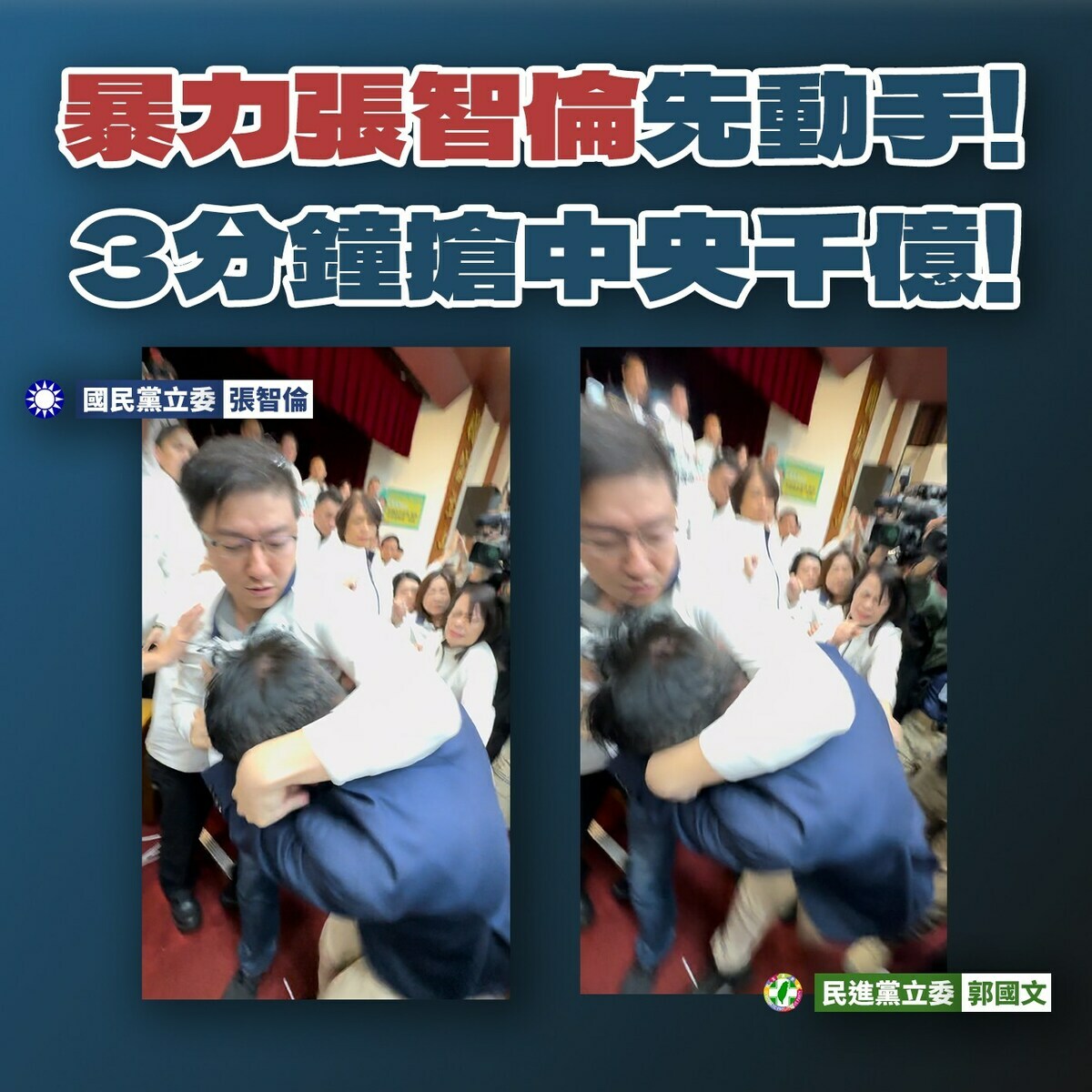 民進黨立委郭國文遭國民黨立委張智倫勒頸、推擠。 圖：翻攝自郭國文臉書