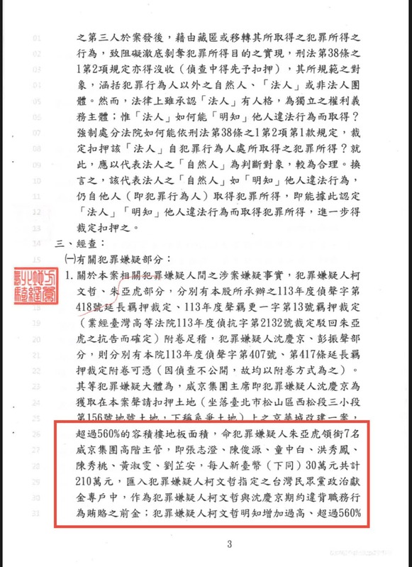 裁定書指出「7人210萬」就是京華城案的前金。 圖：取自簡舒培臉書