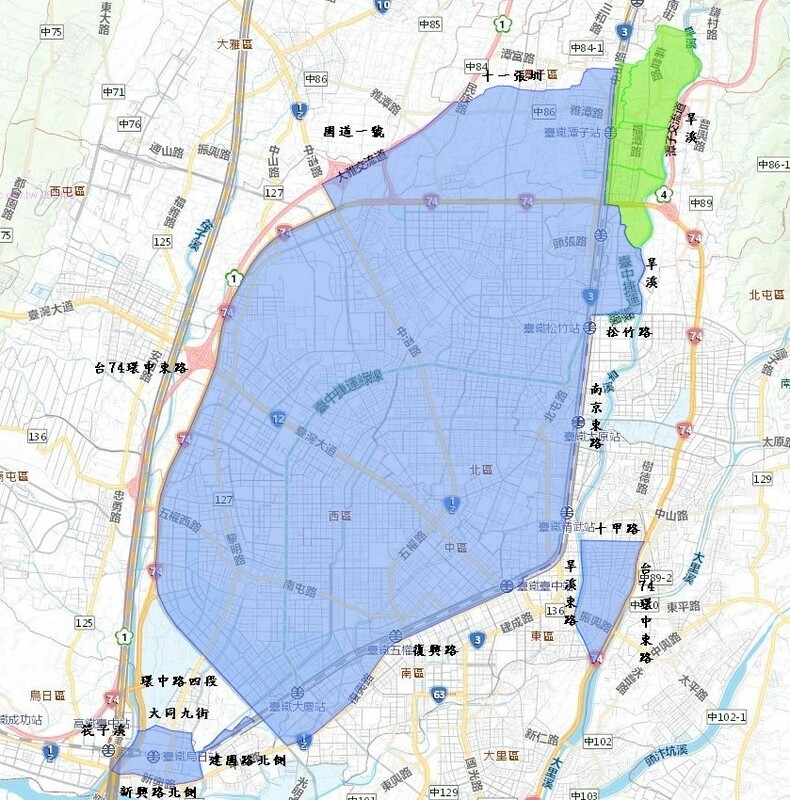 台中市11月18日停水區域圖(綠色為降壓區域)。 圖：台灣自來水公司／提供