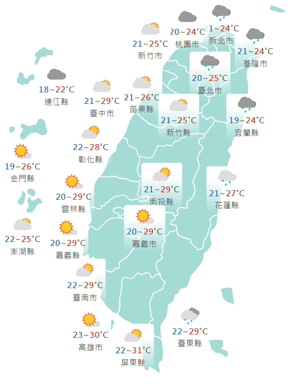 氣象署發布各地天氣預報概況。 圖：氣象署提供