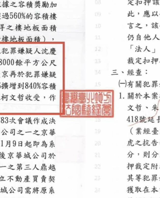 李正皓將簡舒培公布的公文拼接在一起，清楚看到「臺灣臺北地方法院騎縫章」。 圖：取自李正皓臉書