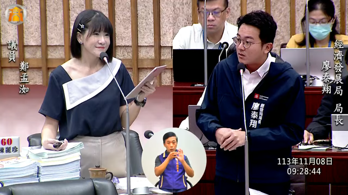 鄭孟洳(左)門質詢廖泰翔(右)經發局目前會展執行成效不彰。 圖：鄭孟洳服務處提供