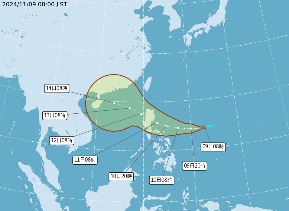 今(9)日於菲律賓東方海面仍再有熱帶性低氣壓(TD27)生成，未來1至2日有機會增強為今年第23號颱風桔梗。 圖：翻攝自中央氣象署官網