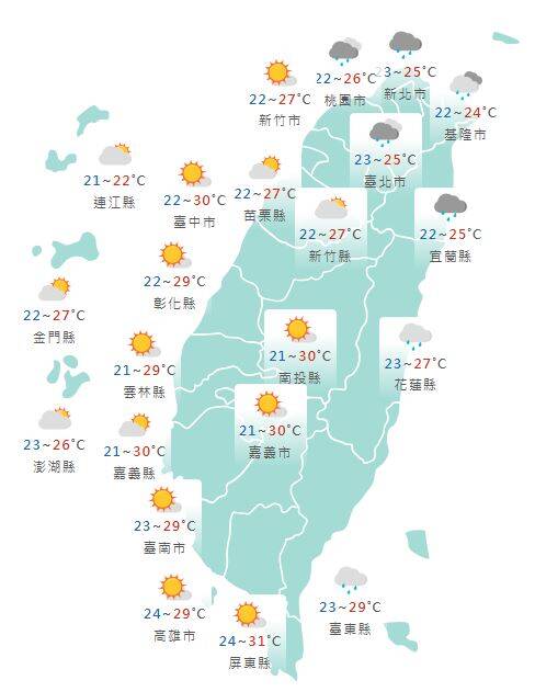 氣象署發布各地天氣預報概況。 圖：氣象署提供