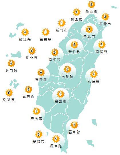 氣象署公布各地紫外線指數預報概況。 圖：氣象署提供