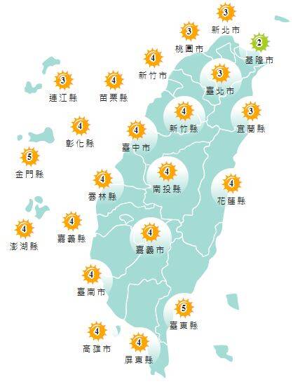 氣象署發布各地紫外線指數預報概況。 圖：氣象署提供