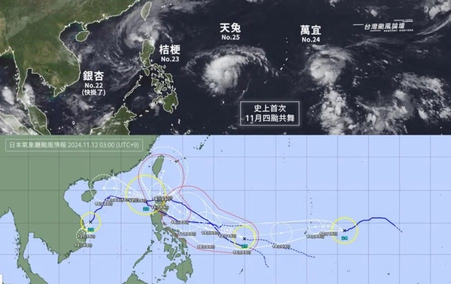 天兔颱風今（12）天凌晨2點生成，西北太平洋迎來史上首次「11月4颱共舞」。 圖：翻攝「台灣颱風論壇｜天氣特急」臉書