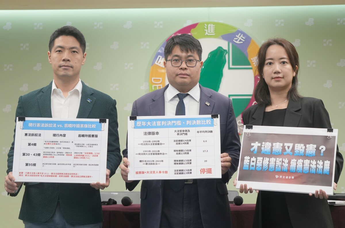 民進黨由發言人戴瑋姍（右起）、律師黃帝穎、陳又新共同舉行「才違憲又毀憲？藍白惡修憲訟法 癱瘓憲法法庭」記者會。 圖：民進黨提供