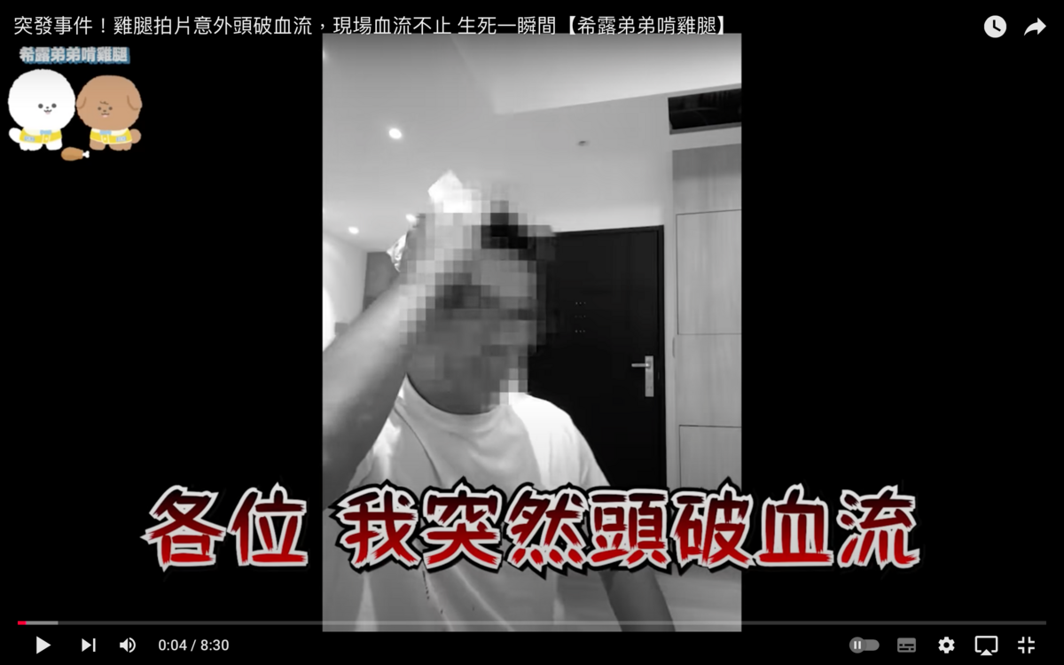 雞腿因為想要增加影片的趣味性，於是決定倒立翻滾一圈後進場，殊不知竟不小心撞到玄關的櫃子，瞬間大量鮮血從雞腿的頭流出。 圖：翻攝自希露弟弟啃雞腿YT頻道