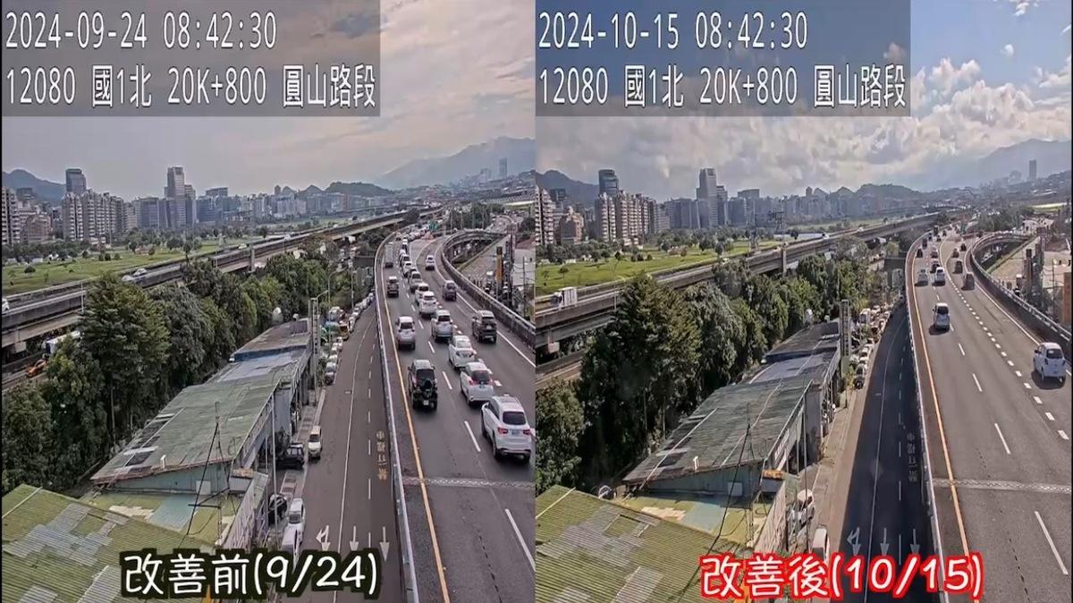 圓山路段上午尖峰時間交通改善前後。 圖：台北市警局交通大隊提供