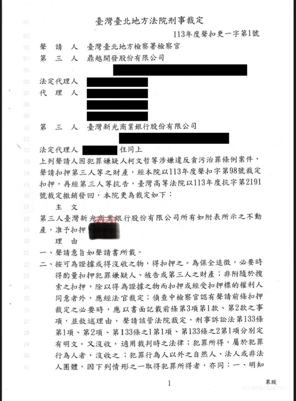 簡舒培今（15）日把北院再次裁准京華城土地扣押的裁定書全文公開。 圖：取自簡舒培臉書