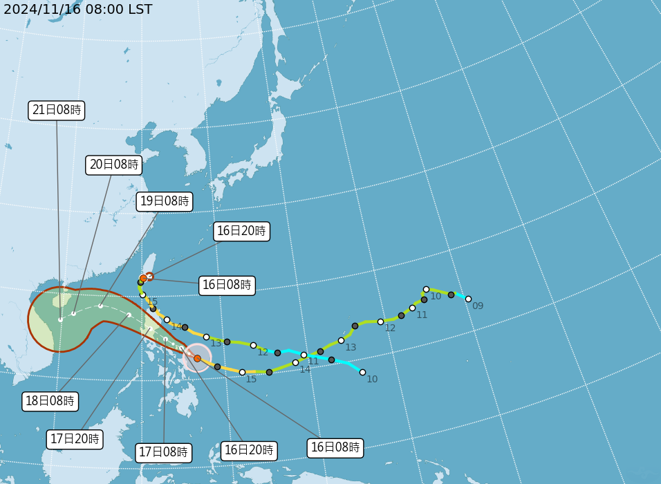氣風險公司分析師廖于霆表示，今日台南以南受颱風環流影響，白天有一陣陣風雨，沿海風浪也滿大，另西半部與北部沿海偶有7-8級瞬間強陣風。 圖：翻攝自中央氣象署官網