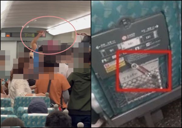 藍衣男子揮刀時，前後兩側都是乘客。 圖：翻攝threads