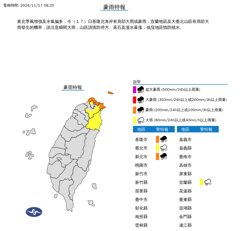 中央氣象署今(17)日上午針對4縣市發布豪大雨特報，包含台北市、新北市、基隆市、宜蘭縣。 圖：翻攝自氣象署