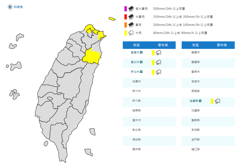氣象署今天凌晨3點15分發布大雨特報，基隆北海岸及宜蘭、台北山區有局部大雨發生的機率。 圖：氣象署提供