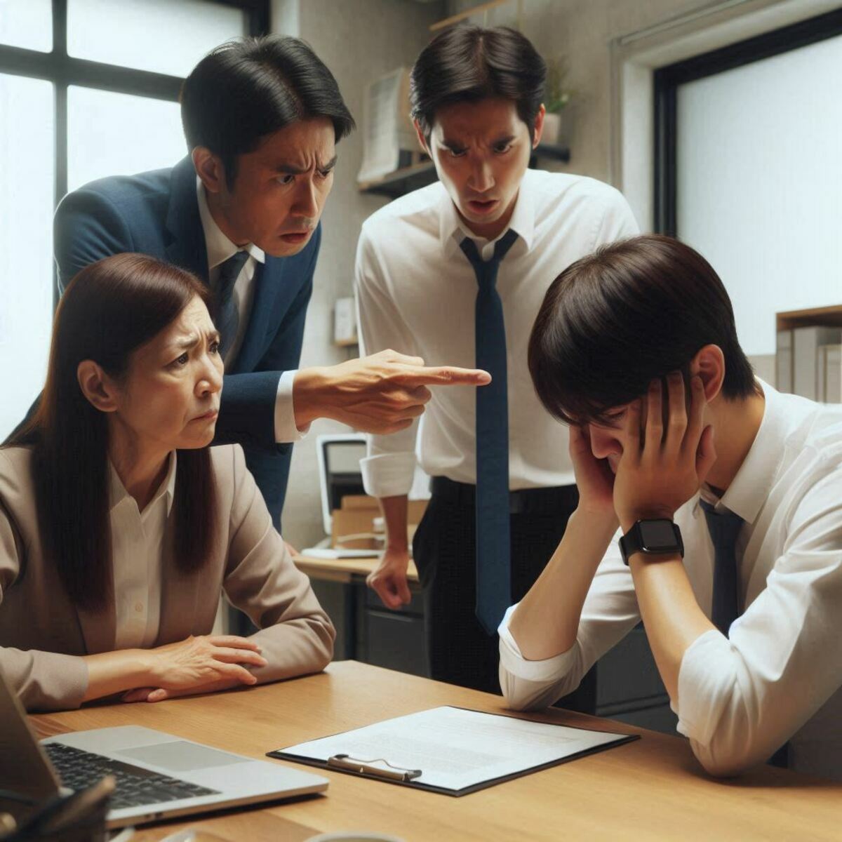職場霸凌普遍存在，不僅基層員工，管理層、醫療和教育人員也常受害，重症醫師黃軒引述研究指出此現象。（此為霸凌示意） 圖：COPILOT AI生成 /曾郡秋 製