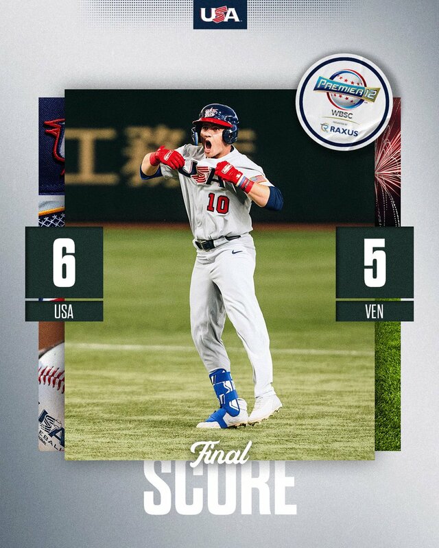 12 強棒球賽美國隊複賽以6比5擊敗委內瑞拉隊。 圖：截取自「 x 」@USABaseball