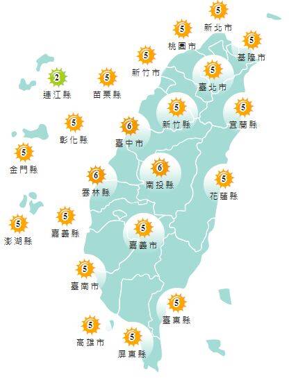 氣象署發布各地紫外線指數預報概況。 圖：氣象署提供