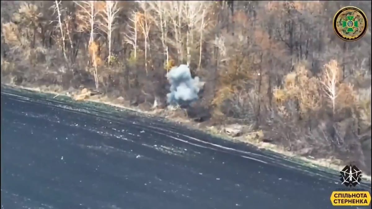 躲藏在樹叢內的俄軍 BMD-2 步兵戰車成為烏克蘭 FPV 無人機的攻擊目標，直接被炸毀。 圖：擷取自 @NOELreports X 分享影片