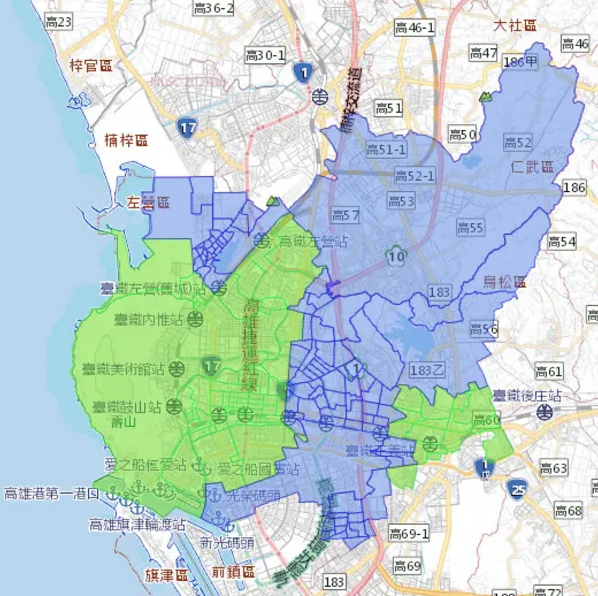 高雄市藍色區域12月1日將停水，綠色區域則減壓供水。 圖：台灣自來水公司／提供