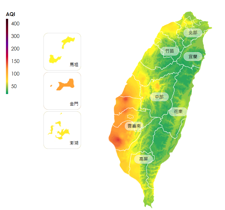 環境部稍早針對雲林縣崙背及台南市安南2地區緊急發布AQI大於150空汙紅色警報，提醒所有族群減少外出並配戴口罩。 圖：翻攝自環境部空氣品質監測網