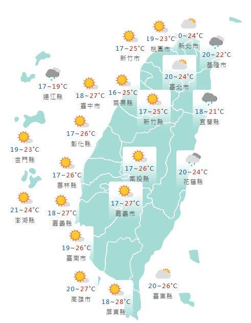 氣象署公布各地天氣預報概況。 圖：氣象署提供