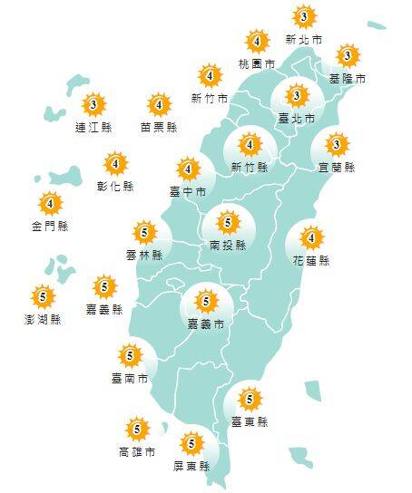 氣象署發布各地紫外線指數預報概況。 圖：氣象署提供