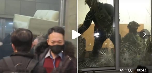 部分韓國軍人試圖打破玻璃窗，進入韓國國會。 圖 : 翻攝自影片截圖