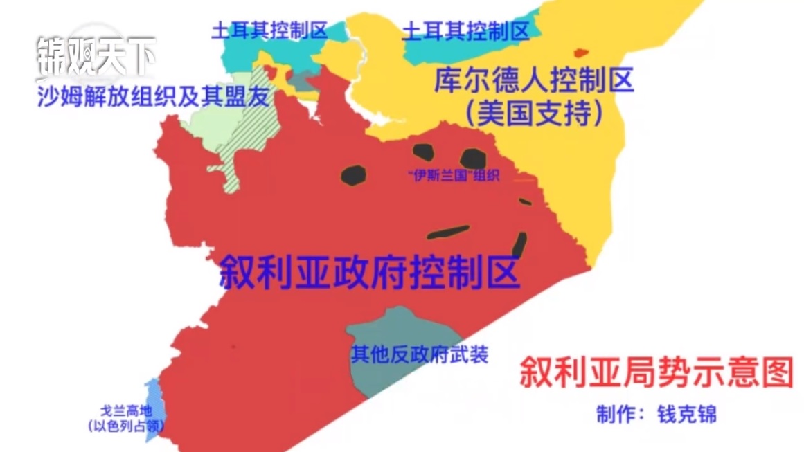 有中國專家整理了敘利亞內戰中，各個外國勢力佔據地區的示意圖，認為敘利亞可能在此次內戰中，被 4 股外國勢力瓜分。 圖：翻攝自 錦觀天下