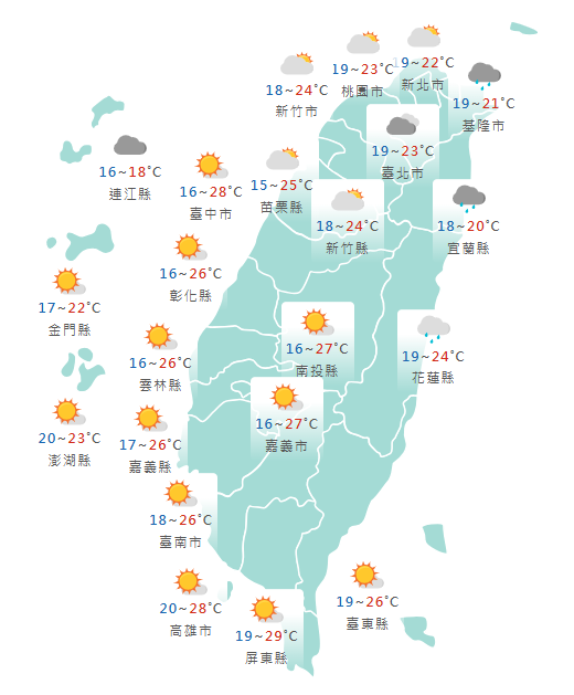 氣象署公布各地天氣預報概況。 圖：氣象署提供