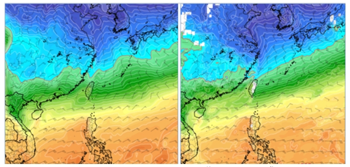 最新(7日20時)歐洲模式(ECMWF)，週六(14日)20時模擬圖顯示，850百帕零度(紅)線，在北部近海(左圖)。最新(7日20時)美國模式(GFS)，14日20時模擬圖則顯示，850百帕零度(紅)線，已觸及北部陸地(右圖)。 圖/取自「氣象應用推廣基金會」