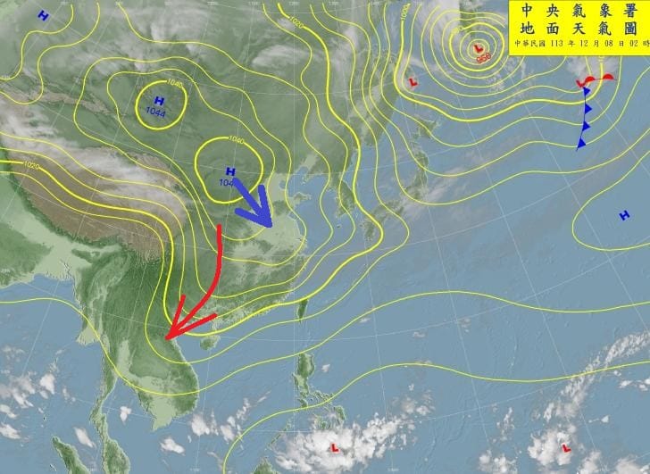 氣象局長鄭明典說，分裂高壓往東南移動，冬季海陸溫度對比大，冷暖空氣混合過程，冷空氣往南，暖空氣往北，所以冷高壓在海陸交界出幾乎都是往東南方向移動。 圖：翻攝自鄭明典臉書