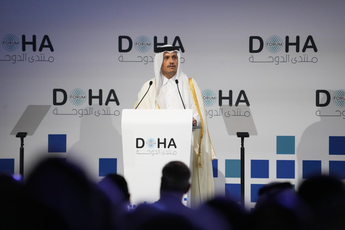 卡達總理穆罕默德於杜哈會談上發言。 圖：截取自「x」@DohaForum