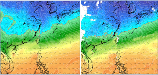 最新(8日20時)歐洲模式(ECMWF)，週六(14日)20時模擬圖顯示，850百帕零度(紅)線，在北部近海(左圖)。最新美國模式(GFS)，14日20時模擬圖則顯示，850百帕零度(紅)線，非常接近北部陸地(右圖)。 圖：翻攝自氣象應用推廣基金會專欄